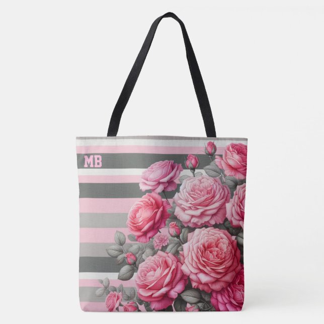 Elegant randig rosa och grå med rosor tygkasse (Framsida)