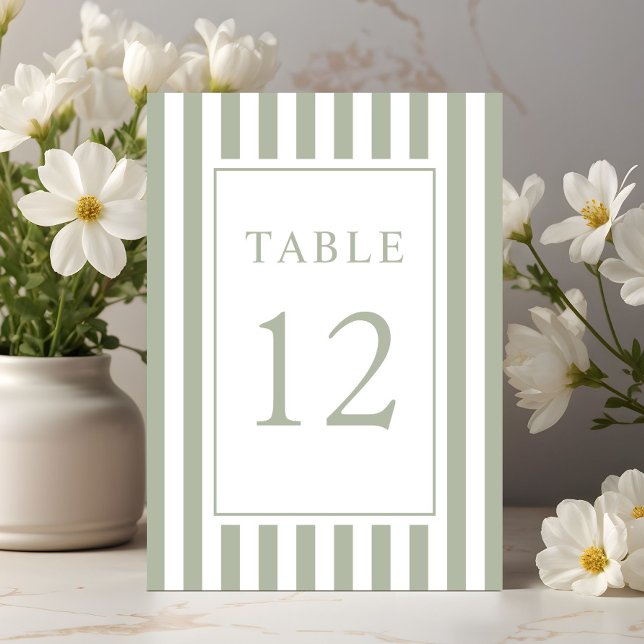 Elegant randig salvia grön bröllopsfest bordsnummer (Elegant Striped Sage Green Wedding Table Number)