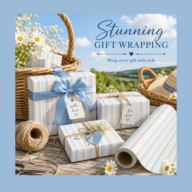 Elegant randigt presentpapper i kuststil rulle (Elegant coastal stripe gift wrap for beautiful gifting, celebrations, and special occasions.)