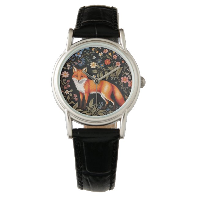 Elegant räv svart färgrik blomster armbandsur (Framsida)