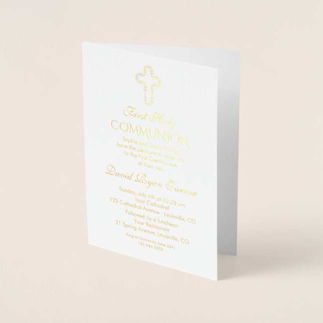 Elegant Real Gold Foil Boy First Heliga Communion Folierat Kort (Framsida)