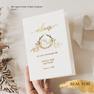 Elegant Real Gold Foil Monogram, Bröllopsprogram Folierat Kort