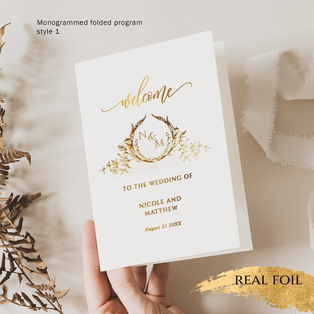 Elegant Real Gold Foil Monogram, Bröllopsprogram Folierat Kort (Skapare uppladdad)