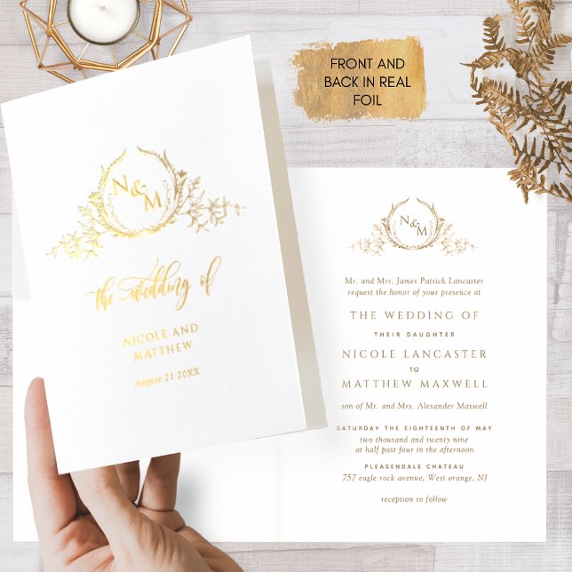 Elegant Real Gold Foil Monogram, Formal Bröllop Folierat Kort (Skapare uppladdad)