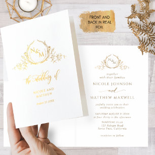 Elegant Real Gold Foil Monogram, uppfällt Bröllop Folierat Kort