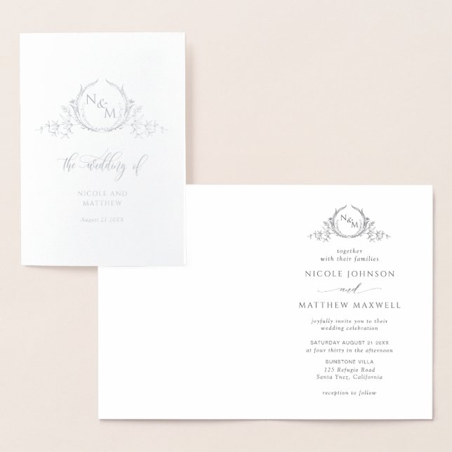 Elegant Real Silver Foil Monogram, mappat Bröllop Folierat Kort (Display)