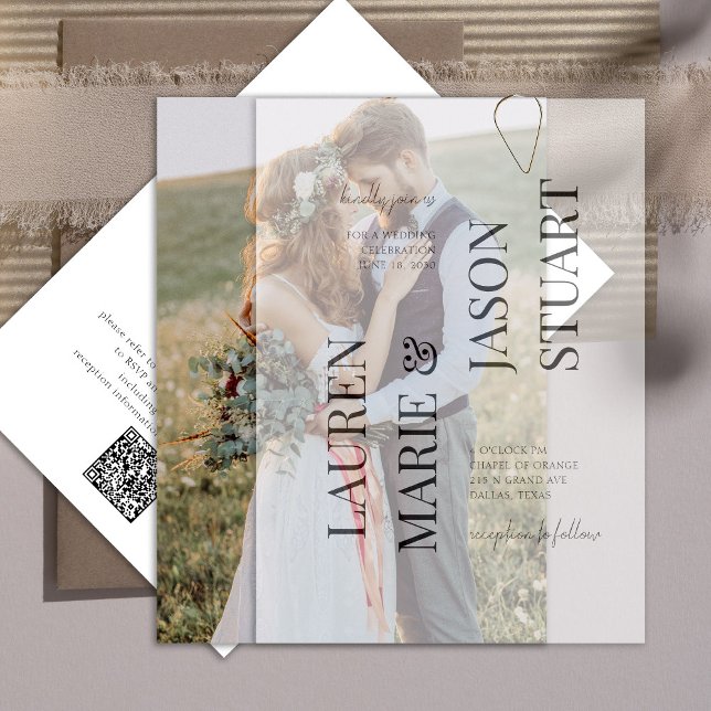Elegant Real Vellum Overlay QR-kodfoto Bröllop Inbjudningar (Skapare uppladdad)