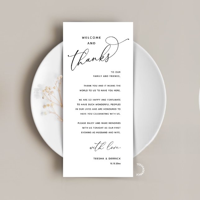 Elegant Reception "Welcome and Thanks" Guest Card Program (Elegant Wedding Reception "Welcome and Thanks" Table Card for Guest in Black White)