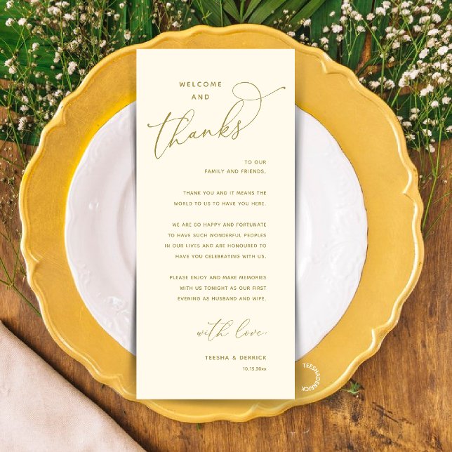Elegant Reception "Welcome and Thanks" Guest Card Program (Modern Elegant Wedding Reception "Welcome and Thanks" Table Card for Guest in Yellow Gold)