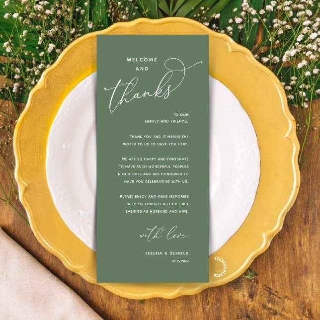 Elegant Reception "Welcome and Thanks" Guest Card Program (Modern Elegant Wedding Reception "Welcome and Thanks" Table Card for Guest in Sage Green)