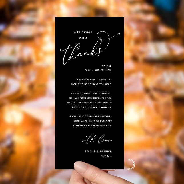 Elegant Reception "Welcome and Thanks" Guest Card Program (Modern Elegant Wedding Reception "Welcome and Thanks" Table Card for Guest in Black White)