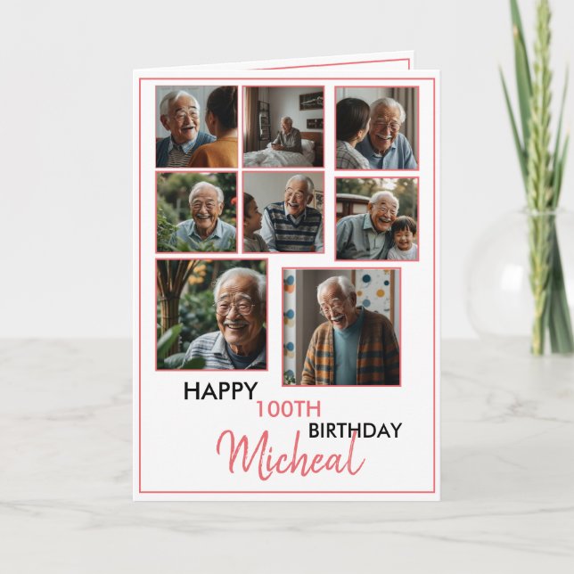 Elegant Red 8 Photo Collage 100 Birthday Kort (Framsida)