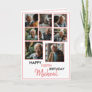 Elegant Red 8 Photo Collage 100 Birthday Kort