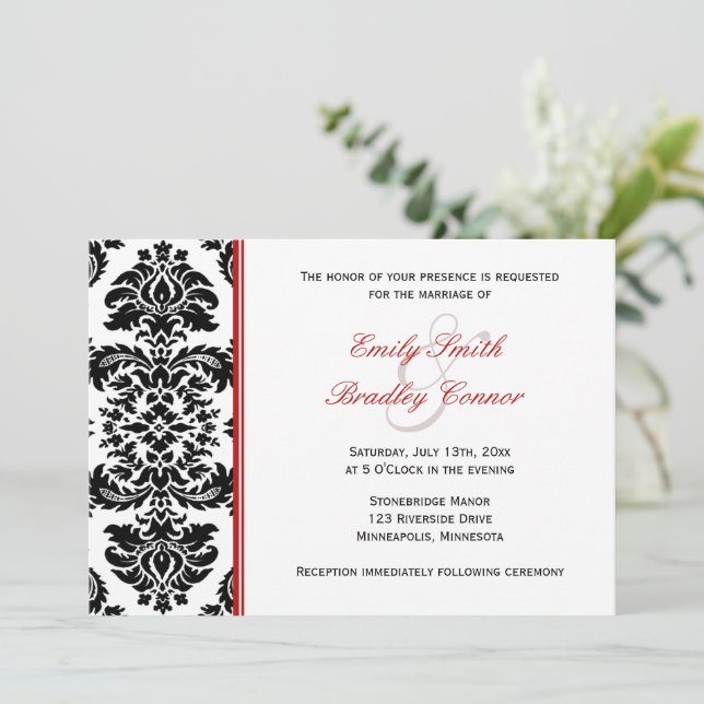 Elegant Red and Black Damask | BRÖLLOP Inbjudningar (Stående Fram)