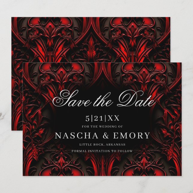 Elegant Red and Black Gothic Damask Wedding Spara Datumet (Fram/baksida)