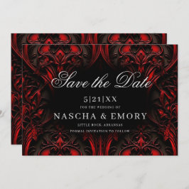 Elegant Red and Black Gothic Damask Wedding Spara Datumet