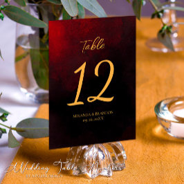 Elegant Red and Black Guld Calligraphy Bröllop Bordsnummer
