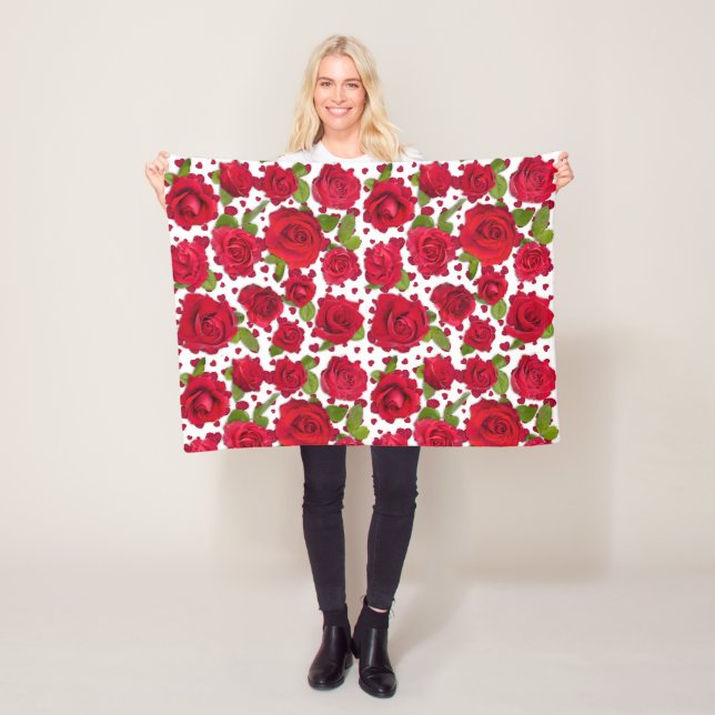 Elegant Red And Dark Pink Floral Roses Pattern Fleecefilt (På plats)