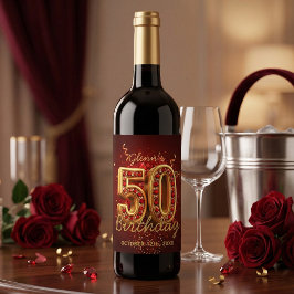 Elegant Red and Gold 50th Milestone Birthday Vinflaska Etikett