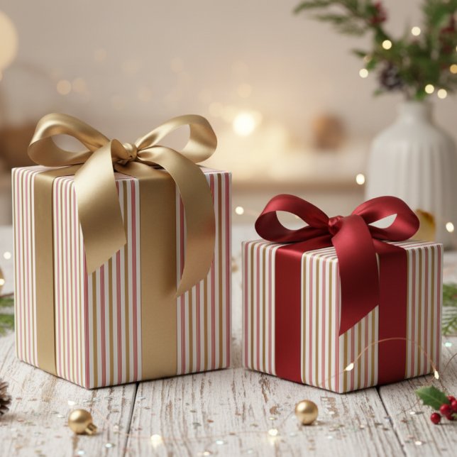 Elegant Red and Gold Candy Cane Pinstripe Pattern Presentpapper (Elegant Red and Gold Candy Cane Pinstripe Pattern for Chic Christmas Party. Thin Festive Stripes)