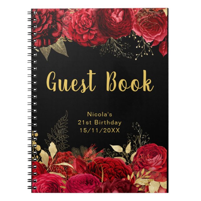 Elegant Red and Gold Flowers Birthday Guest Book Anteckningsbok (Framsidan)