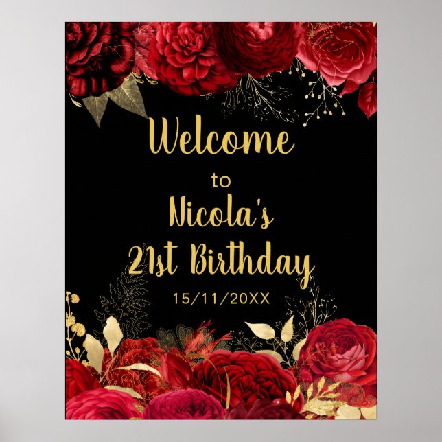 Elegant Red and Gold Flowers Birthday Part Welcome Poster (Framsidan)