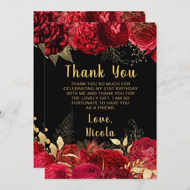 Elegant Red and Gold Flowers Birthday Party Tack Kort (Fram/baksida)