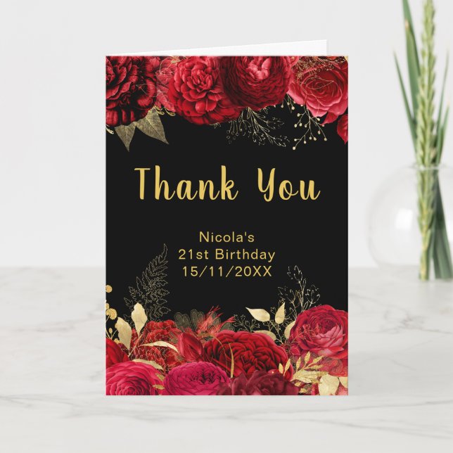 Elegant Red and Gold Flowers Birthday Party Tack Kort (Framsida)