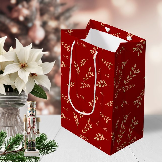 Elegant Red and Gold Foil Botanical Mönster (Elegant Red and Gold Foil Botanical Pattern Medium Gift Bag)