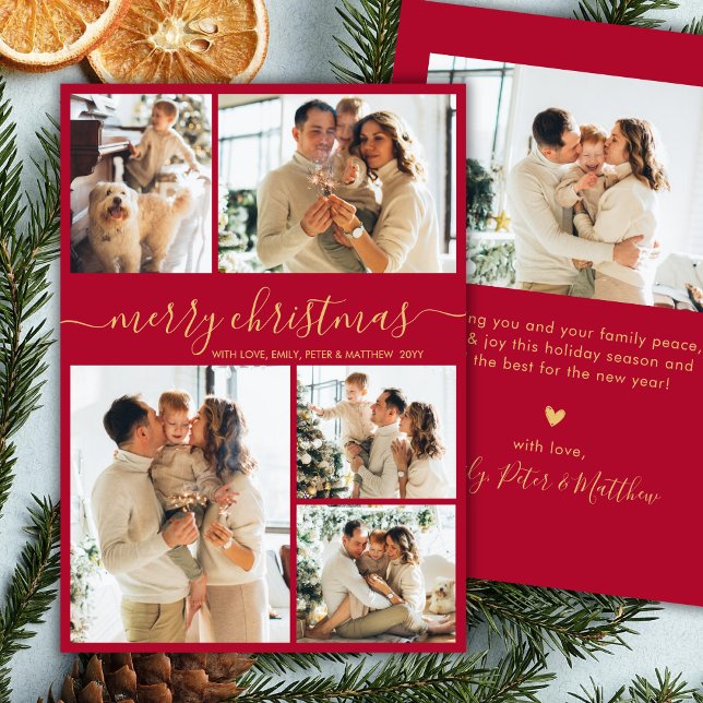 Elegant Red and Gold Script 5 Photo Christmas Julkort (Skapare uppladdad)