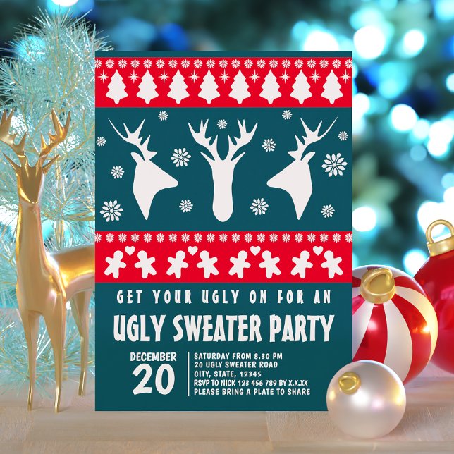 Elegant Red and Grönt Reindeer Ugly Sweater Party Inbjudningar (Elegant Red and Green Reindeer Ugly Sweater Party Invitation)