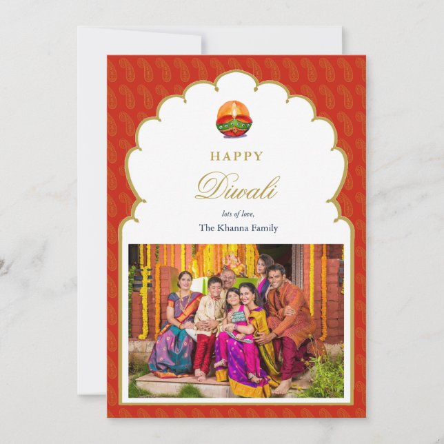 Elegant Red and Guld Arch ram Photo Diwali Card Julkort (Framsida)