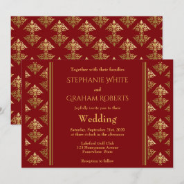 Elegant Red and Guld Damask Patterned Bröllop Inbjudningar