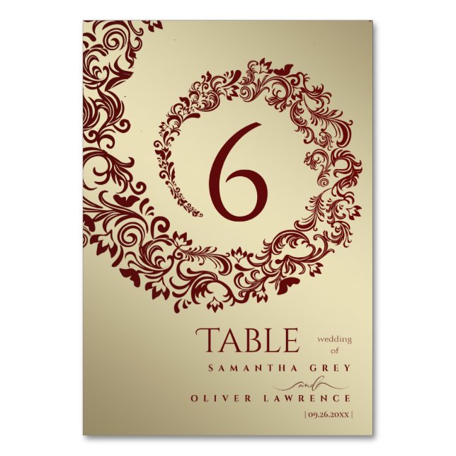 Elegant Red and Guld Damask Wedding Bordsnummer (Framsidan)