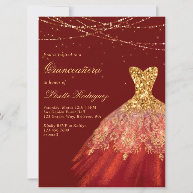 Elegant Red and Guld Dress Quinceanera Inbjudningar (Framsida)