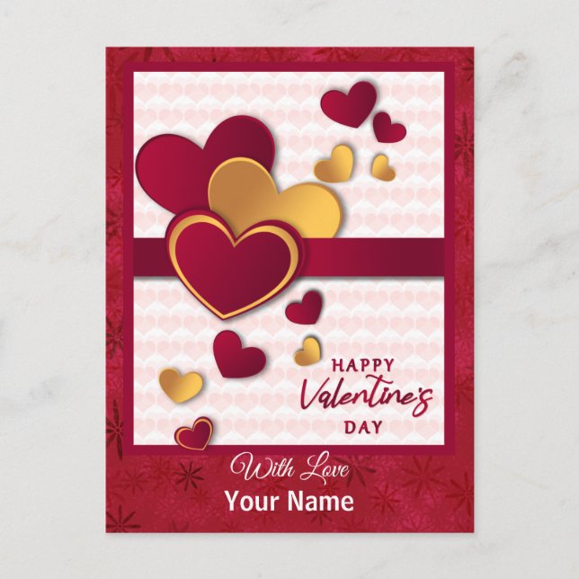 Elegant Red and Guld Hearts Valentine Day Design Helg Vykort (Framsida)