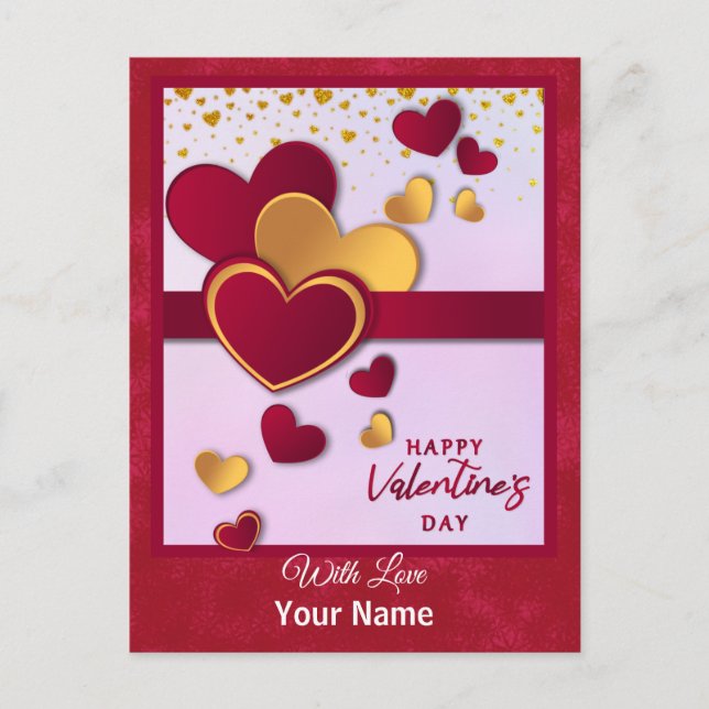 Elegant Red and Guld Hearts Valentine Day Design Helg Vykort (Framsida)