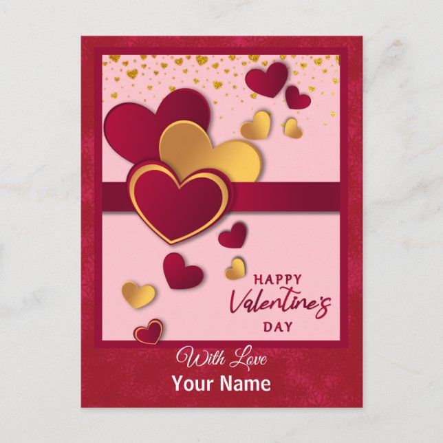 Elegant Red and Guld Hearts Valentine Day Design Helg Vykort (Framsida)