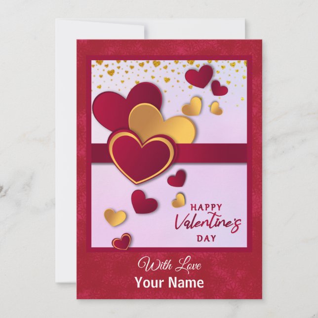 Elegant Red and Guld Hearts Valentine Day Design Julkort (Framsida)