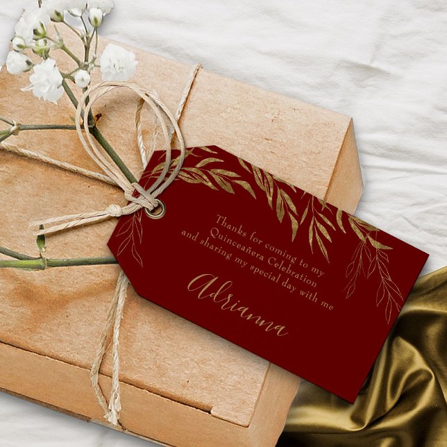 Elegant Red and Guld Löv Favor Presentetikett (Red favor gift tags from my Gold Leaf Quinceanera Collection)