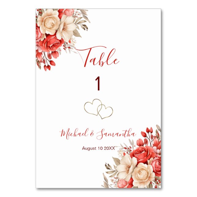 Elegant Red and Ivory Ro Bröllop Bordsnummer (Framsidan)