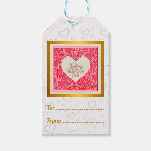 Elegant Red and Rosa Blommigt Hearts Valentine Day Presentetikett (Framsidan)