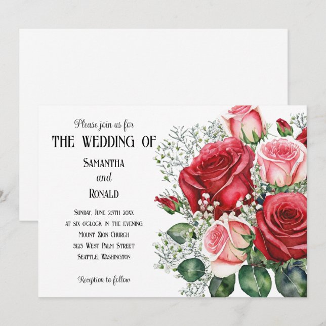 Elegant Red and Rosa ros bröllopsinbjudan Inbjudningar (Fram/baksida)