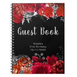 Elegant Red and Silver Flowers Birthday Guest Book Anteckningsbok