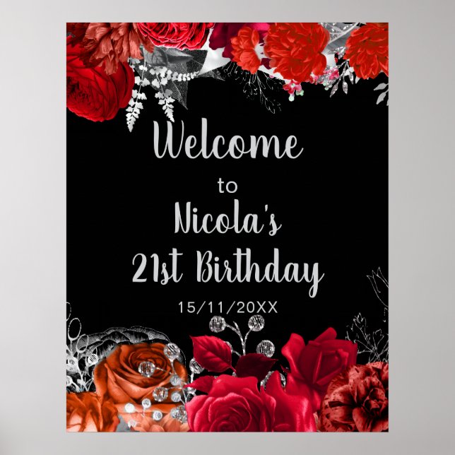 Elegant Red and Silver Flowers Birthday Part  Poster (Framsidan)