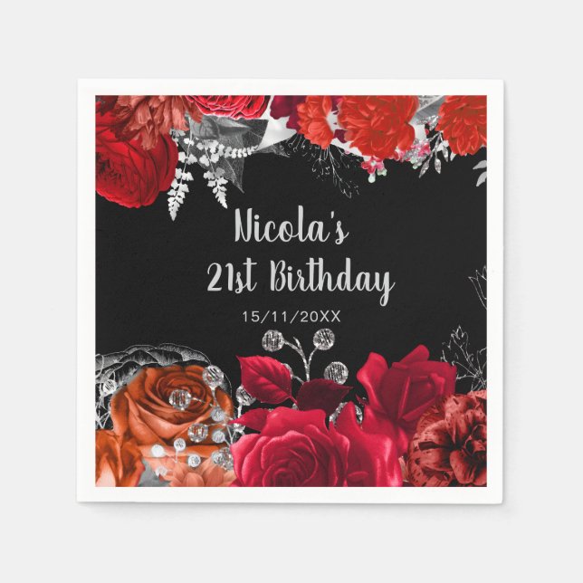 Elegant Red and Silver Flowers Birthday Party Pappersservett (Framsidan)