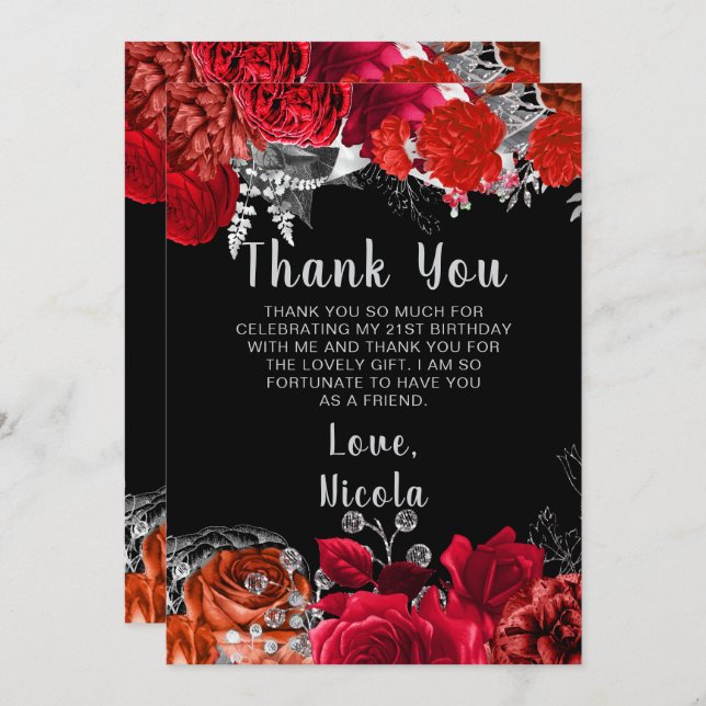 Elegant Red and Silver Flowers Birthday Party Tack Kort (Fram/baksida)