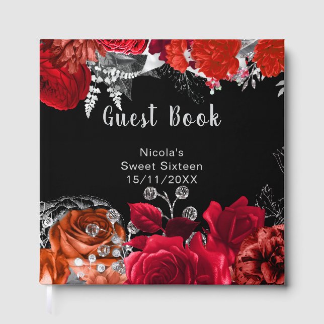 Elegant Red and Silver Flowers Sweet Sixteen Gästböcker (Framsida)