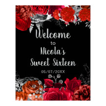 Elegant Red and Silver Flowers Sweet Sixteen