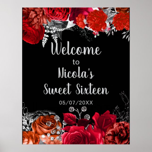 Elegant Red and Silver Flowers Sweet Sixteen  Poster (Framsidan)
